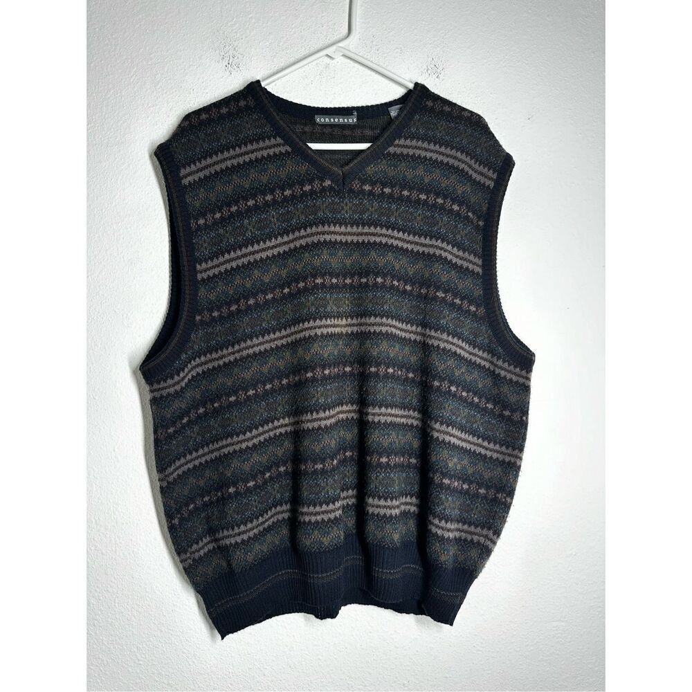 VTG Consensus Men’s Merino Wool Blend Geometric Pattern Vest Size XL Black Green
